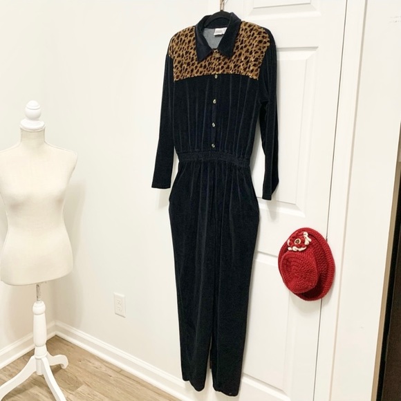 Vintage Velour Leopard 2-Pocket Jumpsuit XL - Picture 1 of 11